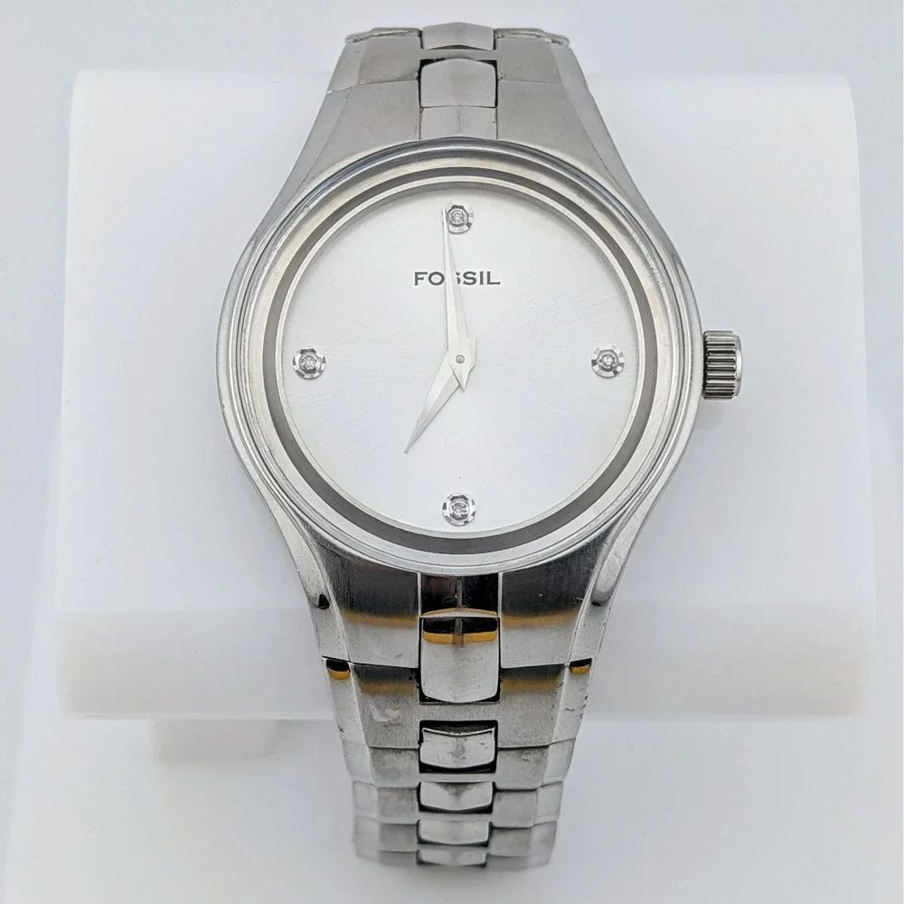 Fossil Arkitekt Men's SS Watch Silver Sunburst Dial Crystal Markers Y2K 7